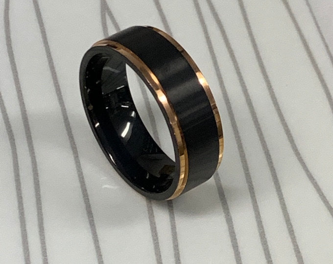 Personalized Engraving  - 6mm Tungsten Carbide Black Brushed Rose Gold StepEdge Engagement Anniversary | Wedding Band Ring for Men Or Women