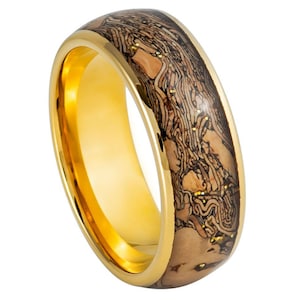Custom Gold Glitter Wedding Band, 8mm Dome Ring with Yellow Gold IP Plating & Cork Inlay, Free Personalized Laser Engraving for Men Women