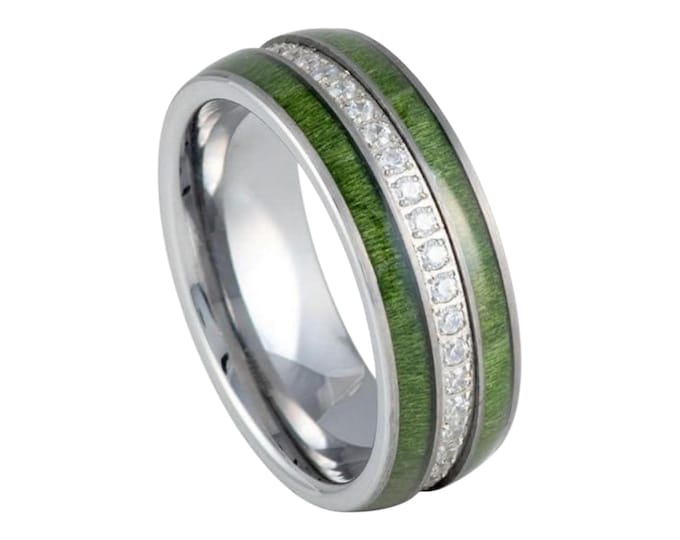 Tungsten Ring with Jade Wood Inlay & White Cz Eternity, Personalized 8mm Dainty Ring, Free Engraving Unique Men’s and Women’s Wedding Band