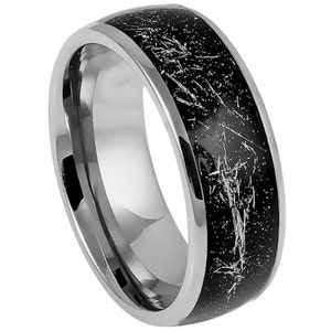 Tungsten Carbide Ring with Black Carbon Fiber Inlay, Custom Metallic Shavings Mens Jewelry, 8mm Personalized Wedding Band for Men or Women