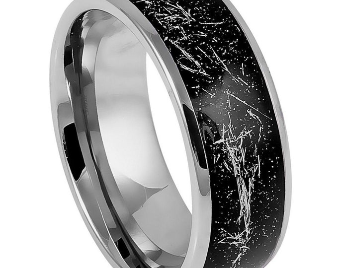 Tungsten Carbide Ring with Black Carbon Fiber Inlay, Custom Metallic Shavings Mens Jewelry, 8mm Personalized Wedding Band for Men or Women