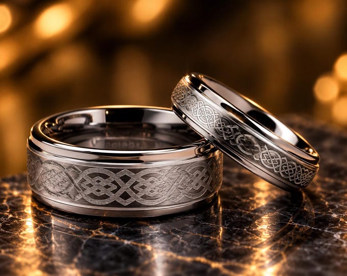 Personalized His & Hers Tungsten Carbide Wedding Rings, Engraved Loyal Celtic Knot Step Edge Bands, Matching Couple Promise Rings Gift Set