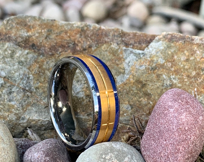 8mm Tungsten Carbide Ring, Ring with Rose Gold Brushed Finish & Blue Inlay Band, Unisex Wedding Ring, Modern Jewelry Promise Ring