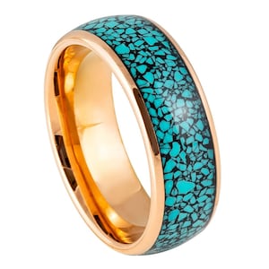 Free Personalized laser engraving Ring for Men and Women Domed Rose Gold Plated Crushed Blue Turquoise Inlay Wedding Band Rings for Couples