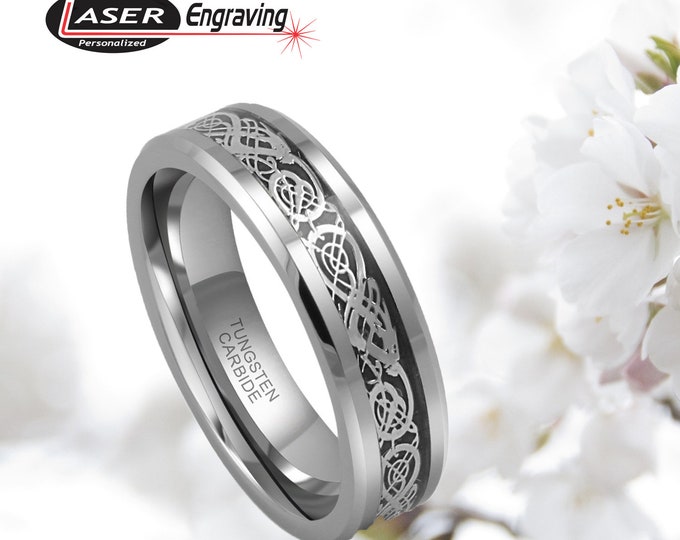 Dragon Celtic Knot Ring, Custom Engraved Tungsten 6mm or 8mm Unisex Wedding Band, Personalized Black Tungsten Ring for Men or Women