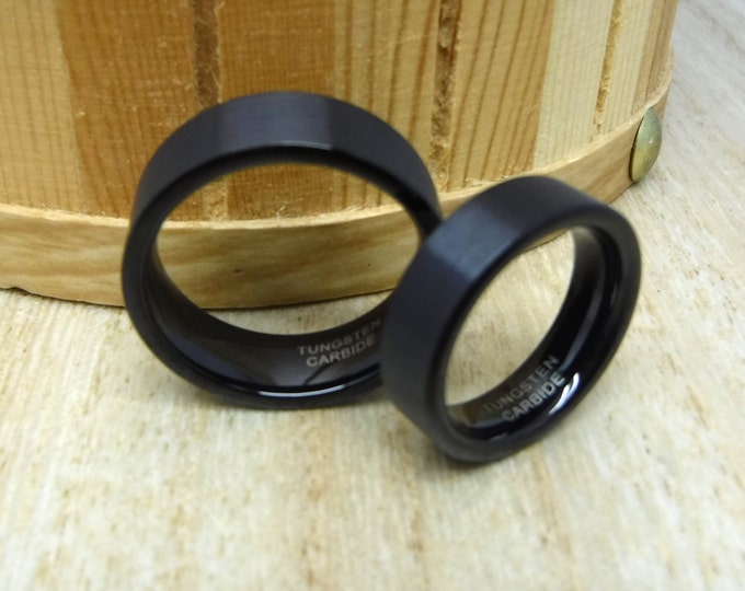 Personalized Black Tungsten Ring Set, Custom Engraved 8mm/6mm Dainty Ring, Pipe Cut Wedding Bands for Him & Her, Gift Ring for Couple