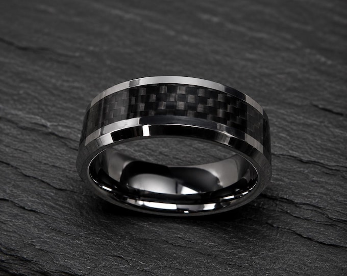 Custom Engraved Ring, Black Tungsten Carbide Wedding Band, 8mm Carbon Fiber Modern Ring, Durable Anniversary Gift, Unique Groom Jewelry