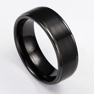 Personalized Promise or Anniversary Gift Ring, Custom Engraved Tungsten Wedding Band, 8mm Black Brushed Step Edge Ring for Men & Women