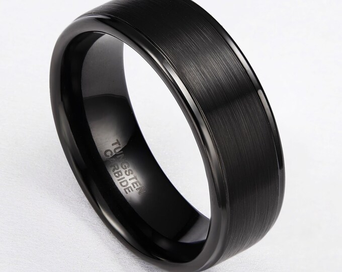 Personalized Promise or Anniversary Gift Ring, Custom Engraved Tungsten Wedding Band, 8mm Black Brushed Step Edge Ring for Men & Women