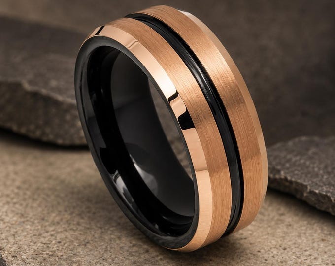 Elegant Black Rose Gold Tungsten Carbide Ring, Personalized Engraved Wedding Band, Stylish Men's Ring, Unique Couple's Promise Jewelry