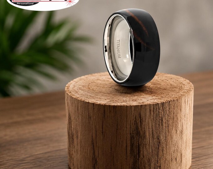 Custom Engraved Titanium Ring with Hawaiian Koa Wood Inlay, 8mm Wedding Band, Personalized Men's Promise Ring, Comfort Fit Anniversary Gift