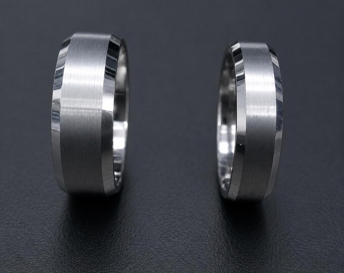 Engraved Tungsten Wedding Band for Couples, Brushed Finish Beveled Edge Ring, Custom Matching Promise Ring, Durable Modern Wedding Band