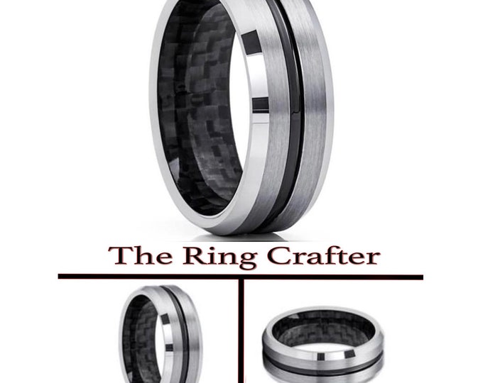 Custom Engraving - 8mm Tungsten Carbide Black Carbon Fiber Inlay, Black IP Plated Grooved Center Shiny Beveled Wedding Ring for Men Or Women