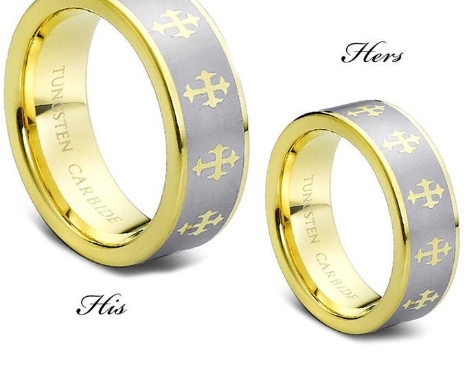 Custom Engraving - His & Hers - 8mm/5mm Tungsten Carbide Gold Plated Celtic Cross Design Wedding Band Ring Set