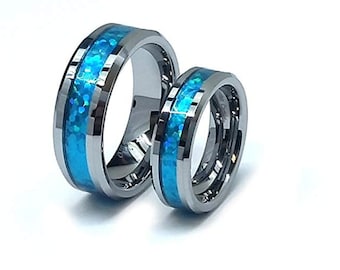 Unique Couples Rings, 8mm/6mm Beveled Edge with Hawaiian Blue Fiber Inlay, Durable Wedding Ring, Custom Engraved Tungsten Wedding Band Set