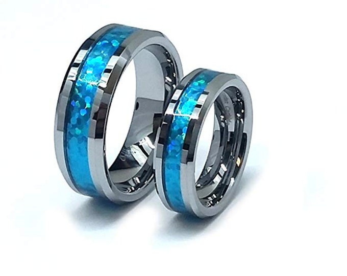 Engraved Couple's Matching Ring Set, 8mm/6mm Blue Hawaiian Fiber Inlay Rings with Beveled Edge, Tungsten Carbide Bands Anniversary Gift