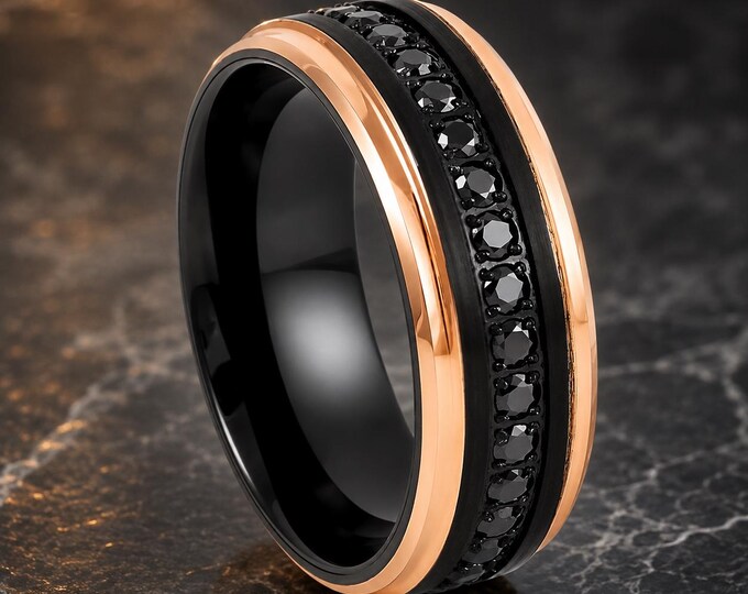 Black & Gold Tungsten Eternity Wedding Band 8mm, CZ Prong Set Ring, Custom Engraved Unisex Wedding Band, Comfort Fit Promise Ring for Gift