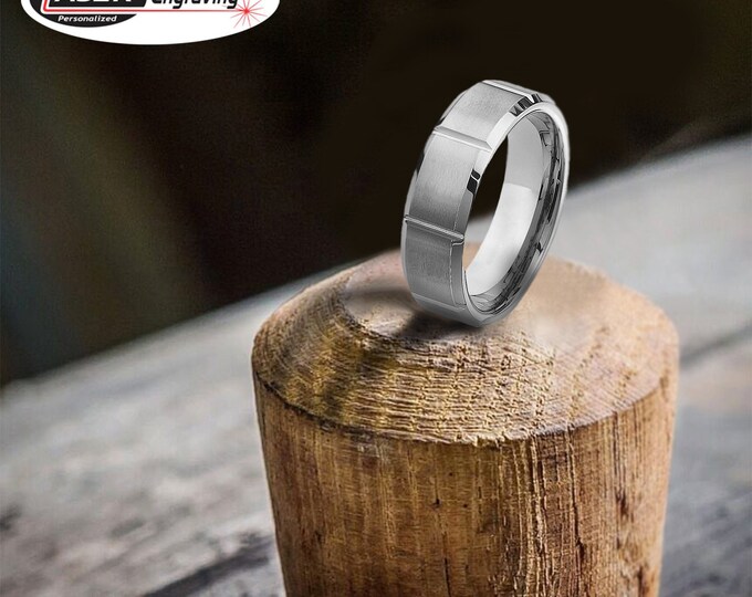 Personalized Engraving - 7mm Tungsten Carbide Brushed With Grooved Cuts Beveled Edge Wedding Band Ring for Men Or Women