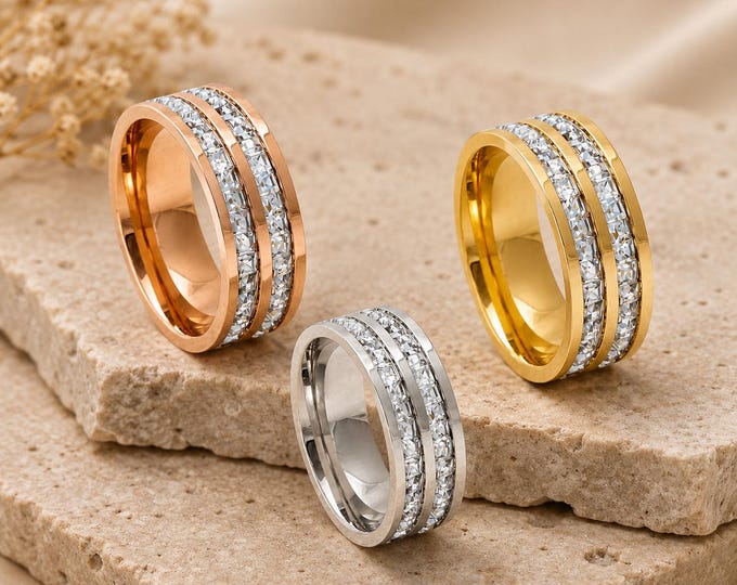 Titanium CZ Eternity Band Ring, Double Row Princess Cut Wedding Band, 8mm Gold Silver Rose Gold Ring, Custom Engraved Engagement Ring