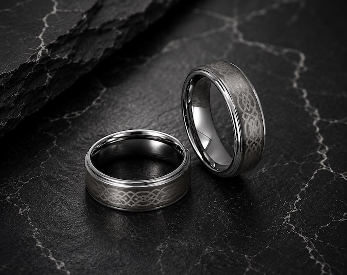 Personalized Celtic Knot Tungsten Wedding Band, Custom Engraved Ring, Durable Tungsten Carbide Statement RIng, Anniversary Ring Jewelry