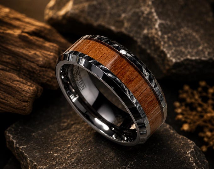 Custom Tungsten Wedding Band, Beveled Wood Inlay, Engraved Ring, Rustic Anniversary Comfort Fit