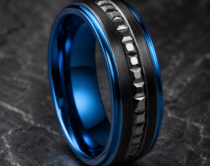 Personalized 8mm Blue Tungsten Ring, Black CZ Princess Cut Eternity Wedding Band, Custom Engraved Promise Ring, Comfort Fit Anniversary Gift
