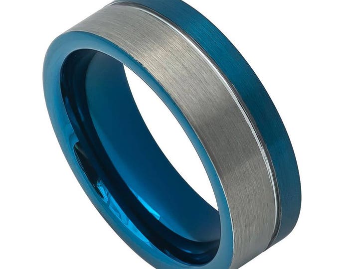 8MM Blue Tungsten Wedding Band, Off-Center Groove Ring, Brushed Pipe Cut Design Ring, IP Plated Ring for Men or Women, Unique Promise Ring