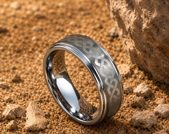 Personalized 8mm Tungsten Carbide Celtic Knot Ring, Custom Engraved Wedding Band for Men, Durable Irish Inspired Groom Ring Anniversary Gift