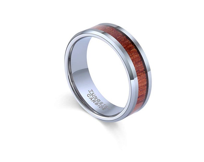 Personalized Engraving - 8mm Tungsten Carbide Beveled Edge with Laminate Wood Inlay Wedding Band Ring for Men Or Women