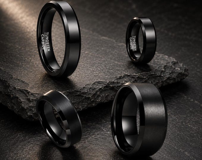 Black Tungsten Carbide Wedding Band, Custom Engraved Beveled Brushed Finish Ring, Comfort Fit Promise Ring, Free Personalized Wedding Band