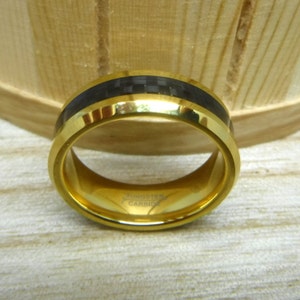 Custom Laser Engraving Ring - 8mm Tungsten Carbide Gold Plated Beveled Edge Black Carbon Fiber Inlay - Men wedding Band Gift for Her & Him