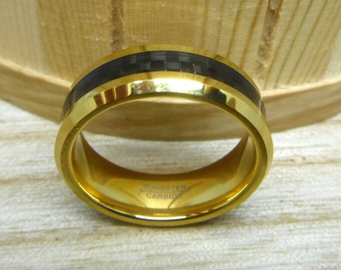 Custom Laser Engraving Ring - 8mm Tungsten Carbide Gold Plated Beveled Edge Black Carbon Fiber Inlay - Men wedding Band Gift for Her & Him