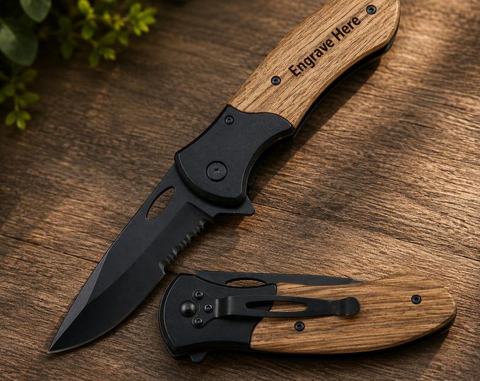 Custom Engraved Spring-Assisted Pocket Knife, Wood Handle Black Folding Knife, Personalized Groomsmen Gift, Father's Day EDC Wedding Gift