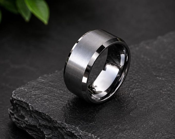 Engraved Tungsten Carbide Wedding Band, Heavy Brushed Beveled Edge Comfort Fit Ring, Scratch Resistant Durable Anniversary Personalized Band