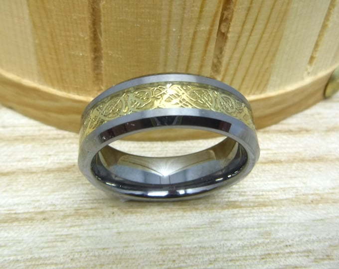 Custom Engraving - 8mm Tungsten Carbide Gold Plated Celtic Dragon Inlay Wedding Band Ring for Men Or Women