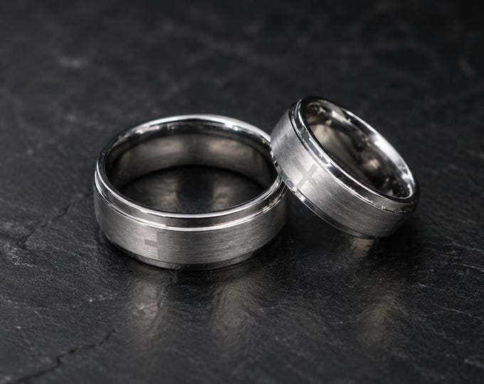 Custom Engraved Tungsten Carbide Wedding Band, Brushed Center Cross Ring, Personalized Couple's Ring, Unique Religious Wedding Jewelry Gift