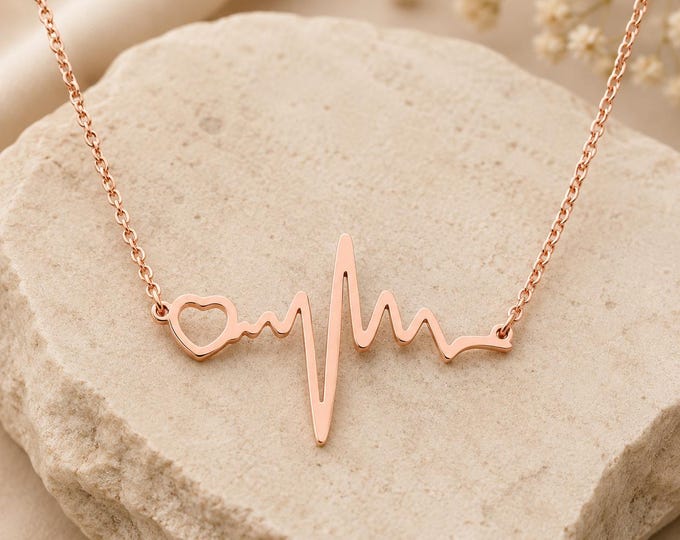 Personalized Rose Gold Heartbeat Necklace, Custom Engraved Stainless Steel Pendant, Name Necklace Heartbeat Jewelry, Anniversary Gift