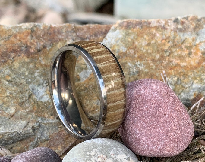 Engraved Personalized Ring, Titanium Ring with Zebra Rosewood Inlay, 8mm Domed High Polish Band, Custom Wedding Gift for Him or Her