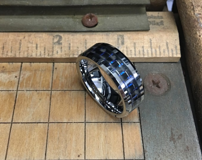 8mm Tungsten Carbide Ring for Men, Black & Blue Carbon Fiber Inlay Ring, Durable Wedding Band, Personalized Men's Ring, Modern Groom Band