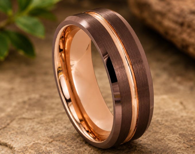 Custom Engraved Espresso Tungsten Ring, 18K Rose Gold Groove Wedding Band, Personalized Men's Ring, Comfort Fit Anniversary Promise Band