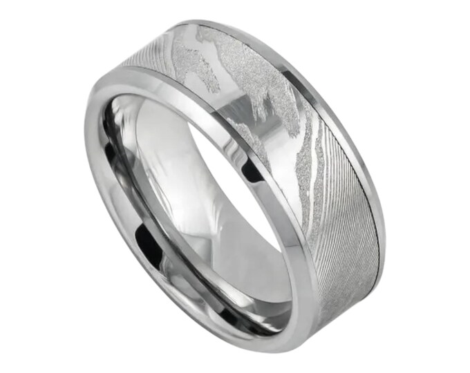 Custom Engraving - 9mm Tungsten Carbide Laser Carved Mokume Gane Effect Metal Wedding Band Ring for Men Or Women