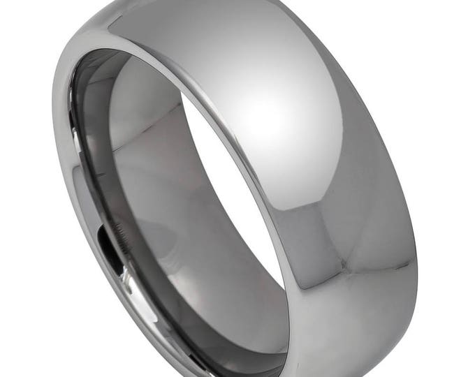 Custom Engraving - 8mm Tungsten Carbide High Polished Shiny Dark Gray IP Plated Classic Domed Wedding Band Ring for Men Or Women
