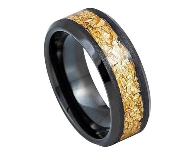 Tungsten Jeweler Free Personalized laser engraving Ring for Men and Ring for WomenBlack IP Plated with Golden Foil Inlay – 8mm Wedding Band