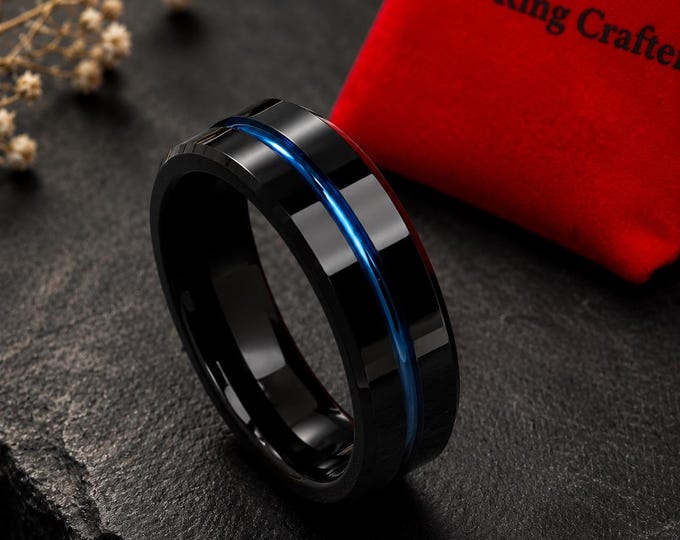 Custom Engraved Black Tungsten Ring, Blue Line Groove Wedding Band, Durable Couples Ring, Personalized Husband Gift, Unique Couple Jewelry