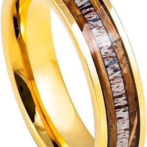 Personalisierte Lasergravur Ring für Männer und Frauen Gelb Gold überzogen Whisky Fass & Hirsch Geweih Inlay Ehering Ringe für Paare