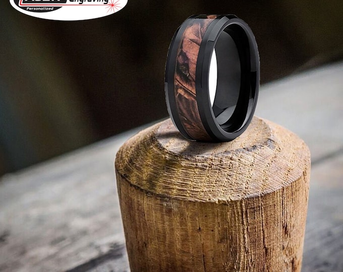 Personalized 8mm Black Ring, Ceramic Camo Ring for Men, Forest Hunter Inlay Wedding Band with Free Engraving, Unique Outdoor Style Ring