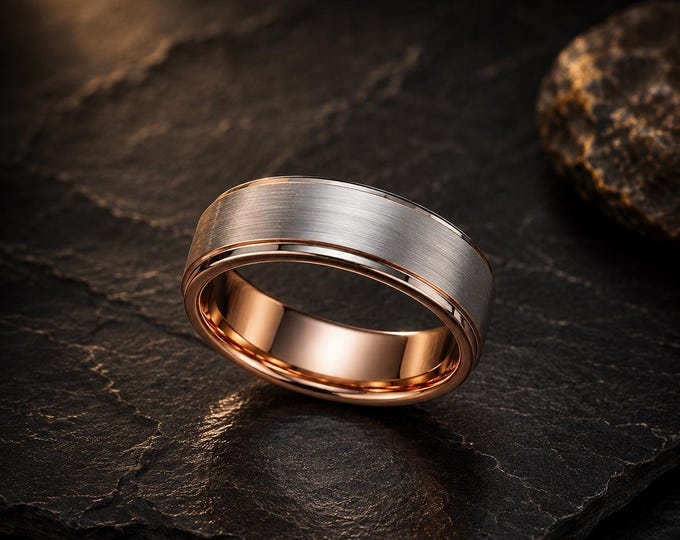 Personalized Rose Gold Tungsten Ring, Custom Engraved Brushed Wedding Band, Step Edge Comfort Fit, Men's Promise Ring, Women's 8mm Band