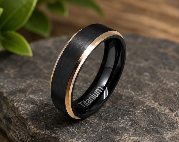 Black Rose Gold Titanium Wedding Band 6mm, Brushed Comfort Fit Ring