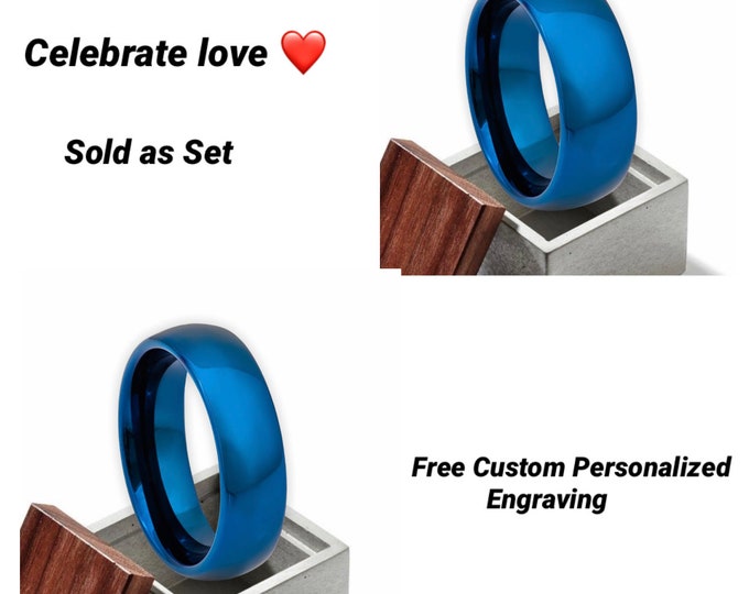 Custom Personalized Engraving  Men & Ladies Tungsten Carbide Blue Shiny Matching Engagement Anniversary Wedding Band Ring for Men and Women