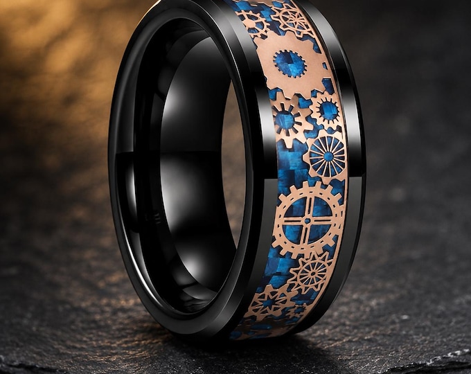 Steampunk Gear Tungsten Wedding Ring 8mm, Blue Carbon Fiber Rose Gold Black Band, Custom Engraved Clockwork Wedding Ring Unique Gift